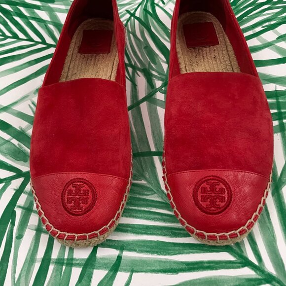 Tory Burch Ruby Red Suede Logo Espadrille Flats Size 10.5 - Picture 7 of 9